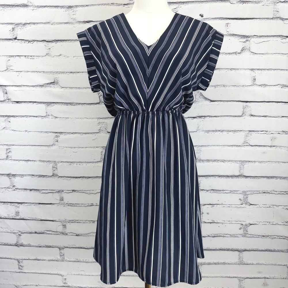 Monteau Los Angeles Navy Blue White Striped V-Neck Elastic Waist Dress Medium